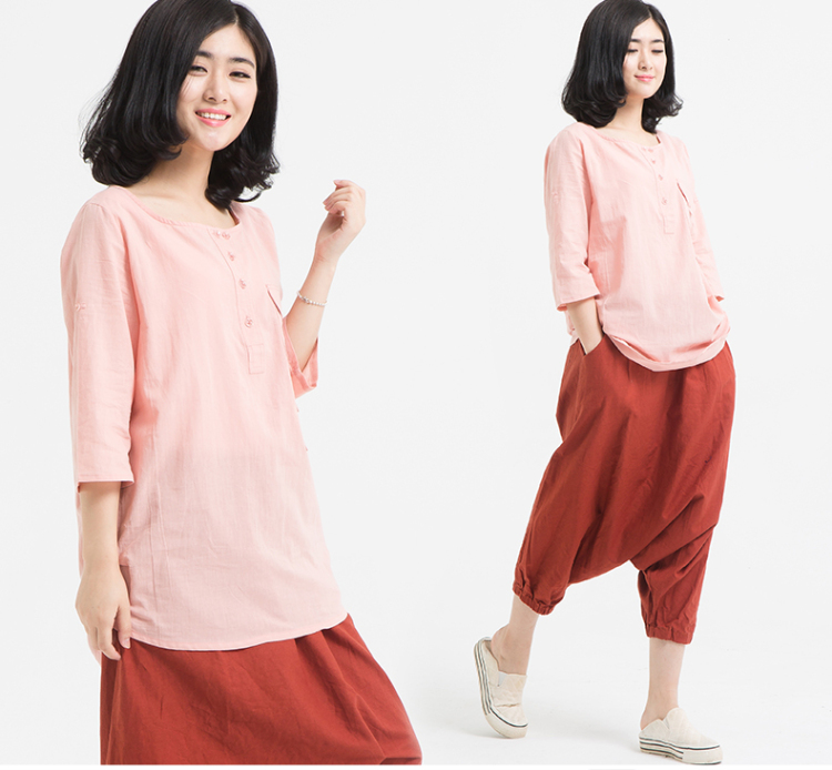 麻 2014夏季新品中长款纯色衬衫<em>女士短袖衫</em>1
