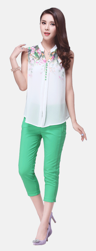 尚都比拉 2014夏装新款女上装 韩版无袖印花小立领雪纺衬衫女