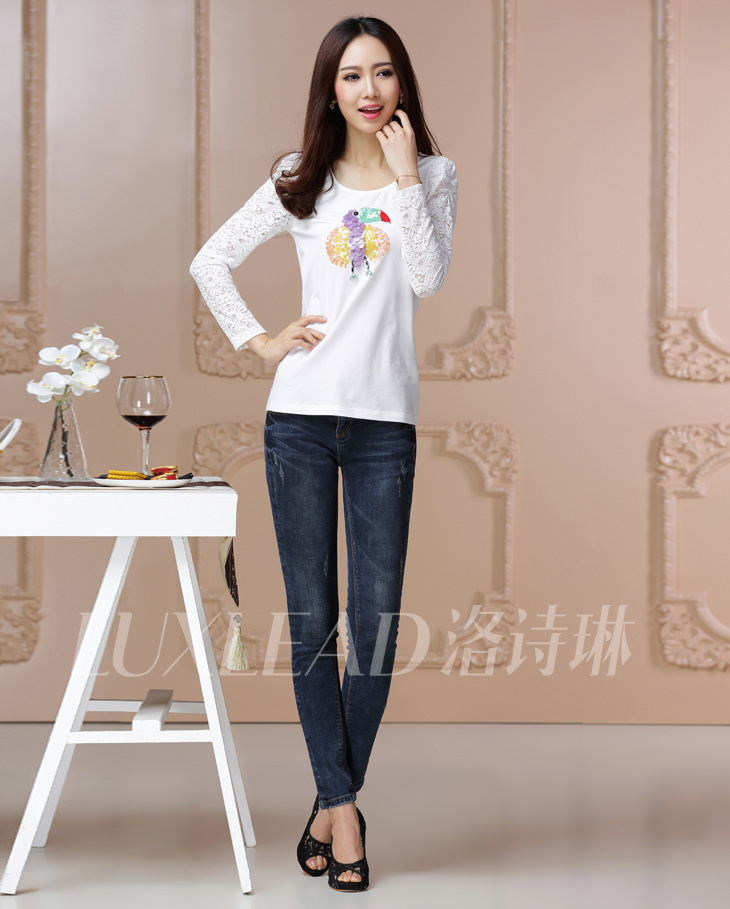 LUXLEAD洛诗琳新款女装钉珠针织长袖T恤打底衫QTS3141025 阳光白 XL