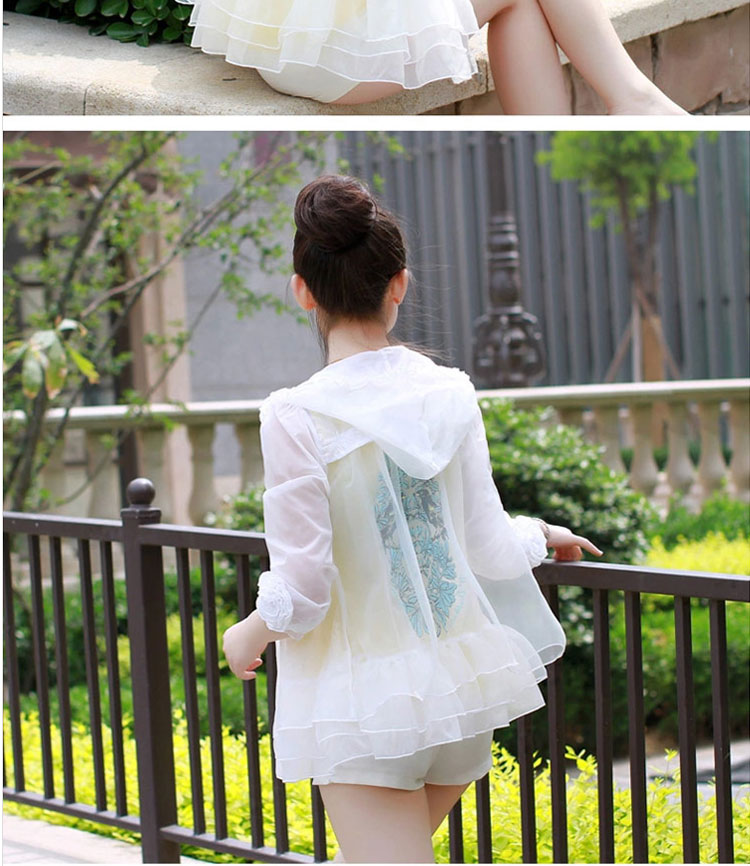 韩誉2015夏季蕾丝防晒衣女长袖防紫外线超薄外套连帽短款防晒服衫 白色 M 160