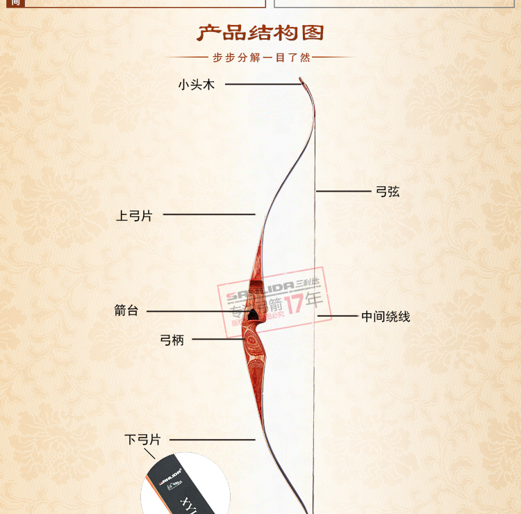 三利达 轩辕系列一体猎弓反曲弓 弓箭传统户外健身 透明 45磅