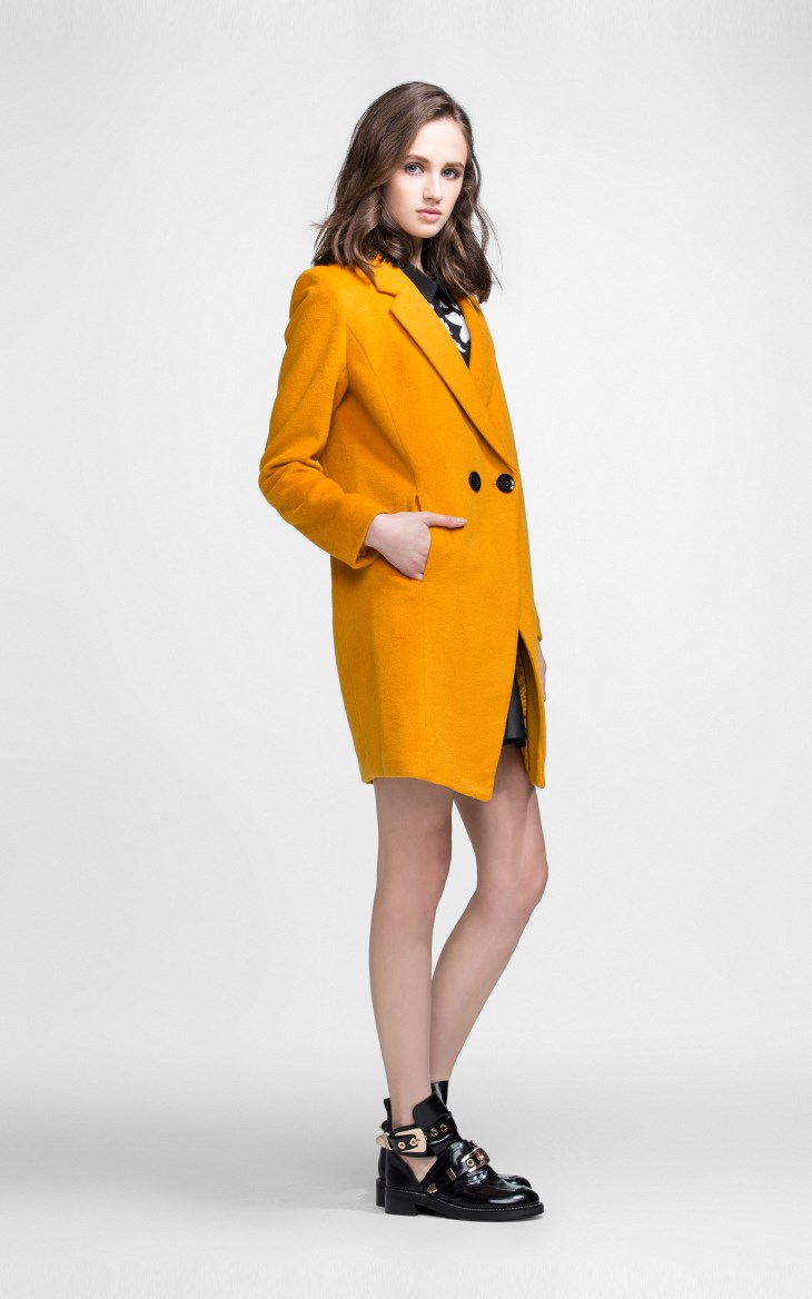 only秋装新品含羊毛双排扣中长款直筒毛呢大衣上衣女e