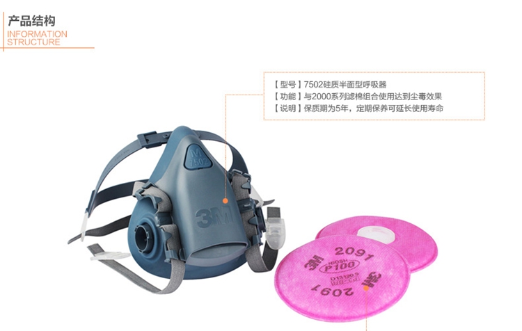 
                                        3M 7502配2091套装防尘面具防毒面罩硅胶舒适防酸性气体防焊接烟雾霾口罩 7502+2097                