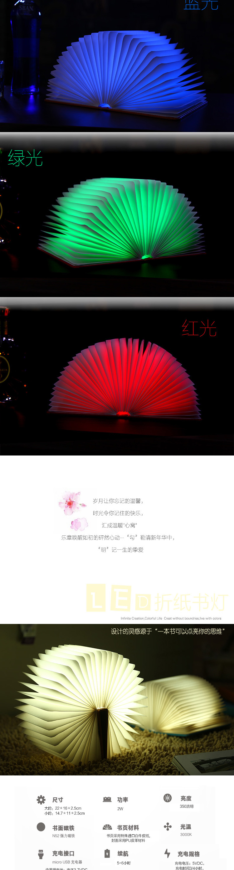 
                                        JU BAI YI 创意变色LED书本灯 皮质便携式翻页折纸书灯 USB充电装饰折叠台灯 小本 蓝色书皮(四色光源)                