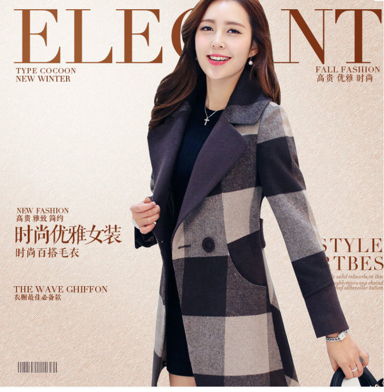 但凡依点 893#2015秋季新款韩版修身时尚格子外套 羊毛呢子大衣 咖啡色格子 M