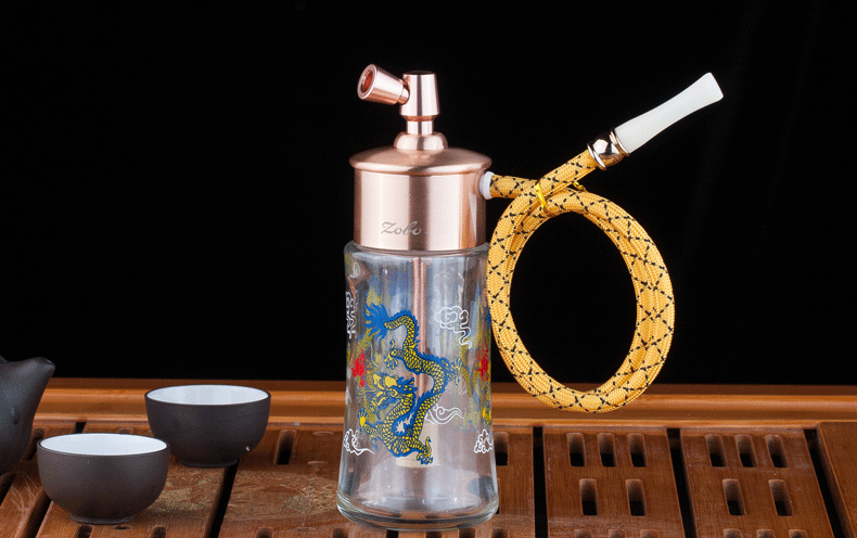 双重过滤器带消音器玻璃水烟壶 清洗型循环型水烟斗518 金色无龙图案