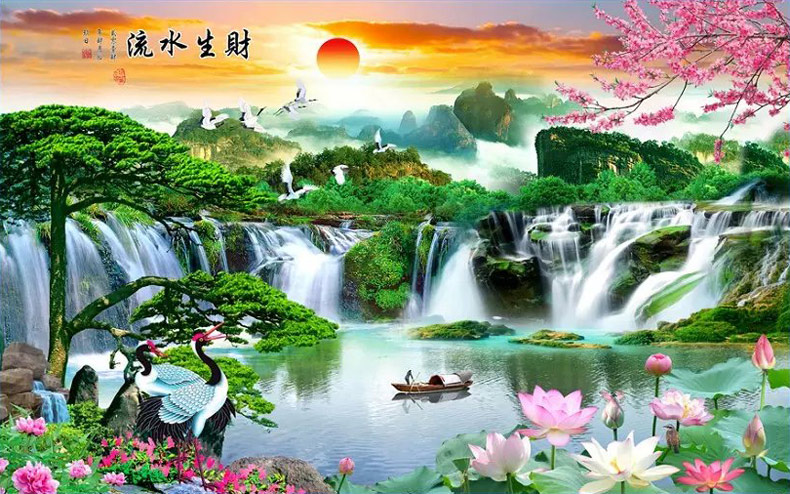 
                                        K-S十字绣迎客松流水生财客厅新款大幅风景山水画精准印花 1.5米小版11CT进口棉线 绣布尺寸145x90                