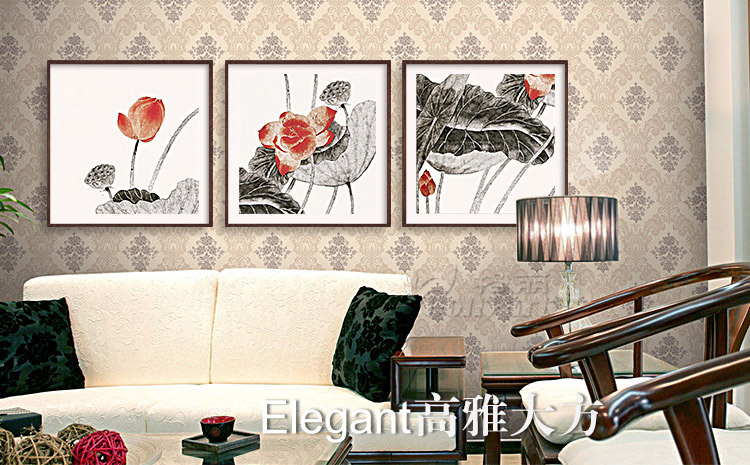 Timax装饰画中式客厅荷花国画书房沙发背景墙画挂画莲 电表箱玄关餐厅花卉壁画现代简约装饰 红荷三联画配枣红框 40*40cm有框画