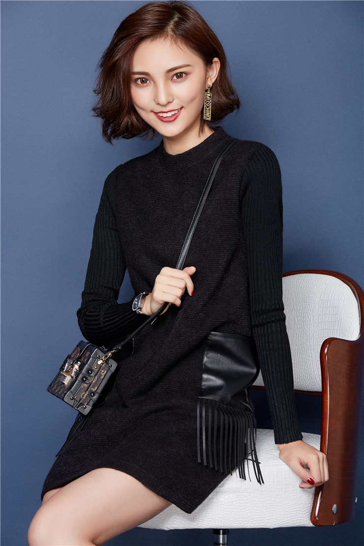 孜彩 2015秋冬新款加绒加厚连衣打底裙女中长款韩版修身保暖T恤潮 灰色 M