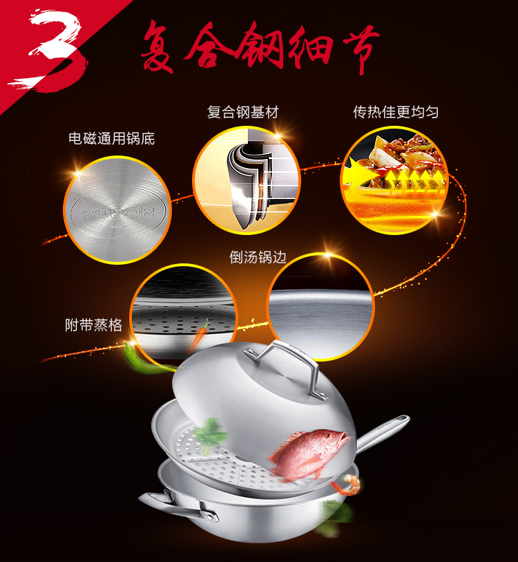苏泊尔(SUPOR)30cm五层铜芯复合钢炒锅无涂层炒菜锅CC30G1(明火电磁炉通用)