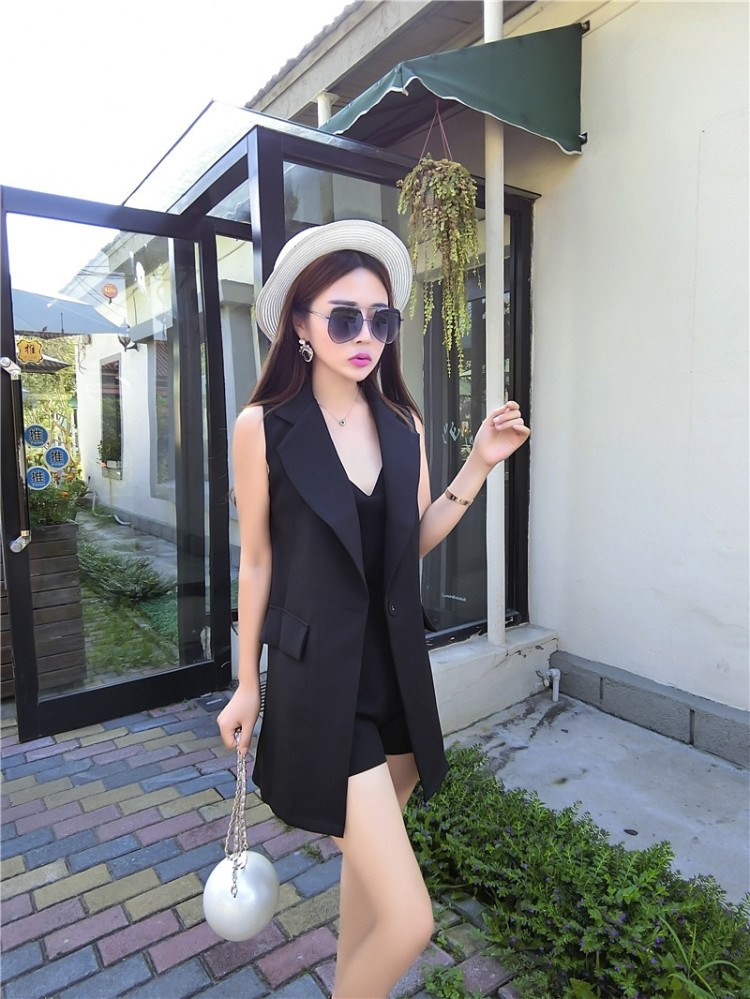 肯依莲 2015秋装新款女装韩版时尚中长款一粒扣无袖西服套装 1580 深卡其布色 L
