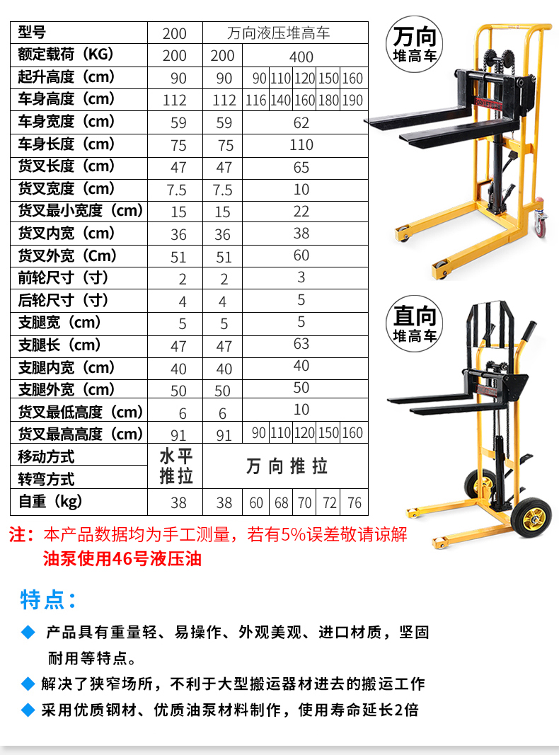 贵隆微型手推叉车 手动液压升高车 小型堆高车装卸 叉车升降机搬运车