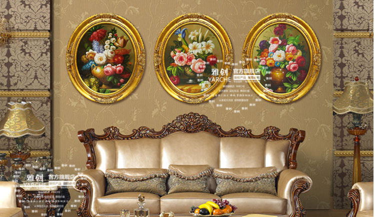 
                                        雅创油画 欧式装饰画椭圆画框客厅玄关柜挂画手绘油画古典花沙发墙画 C款 45*55CM                