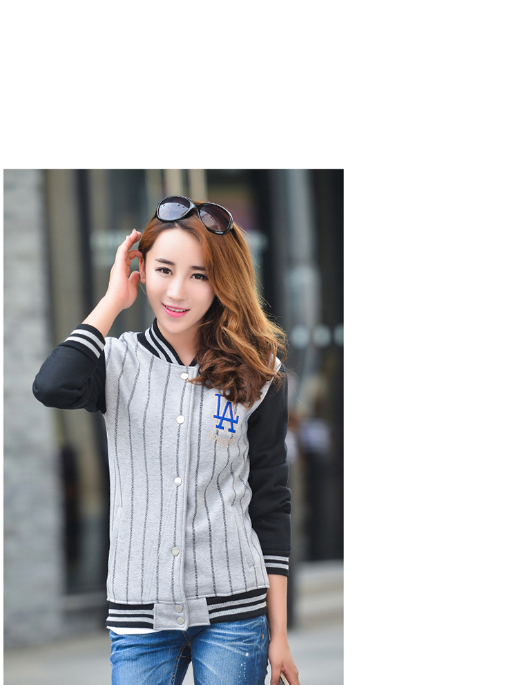 缇思曼2015秋季新款棒球服条纹外套女韩版修身上衣开衫夹克 白拼红 XL