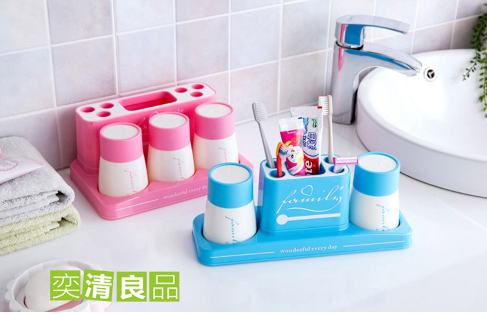 奕清良品 创意漱口杯卫生间牙刷架套装 时尚浴室牙具座结婚情侣洗漱牙刷杯牙膏牙缸架 创意牙刷架天空蓝 三人套装