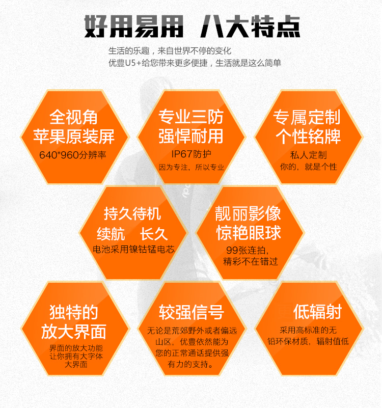 优豊(uphone) U5+ 移动联通2G三防智能手机双卡双待防水手机 黑色 官方标准版