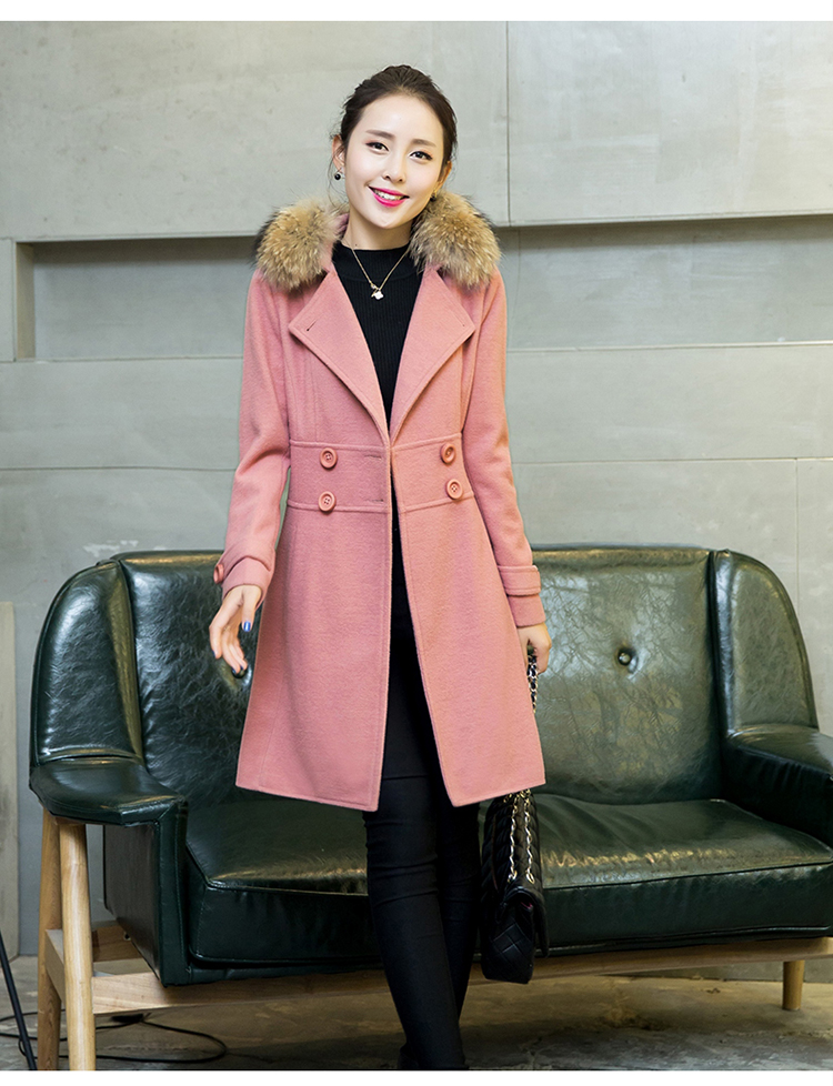 欣月伊妍2015冬季韩版宽松中长款羊毛呢大衣毛呢外套女真毛领DZL-905 皮粉 L