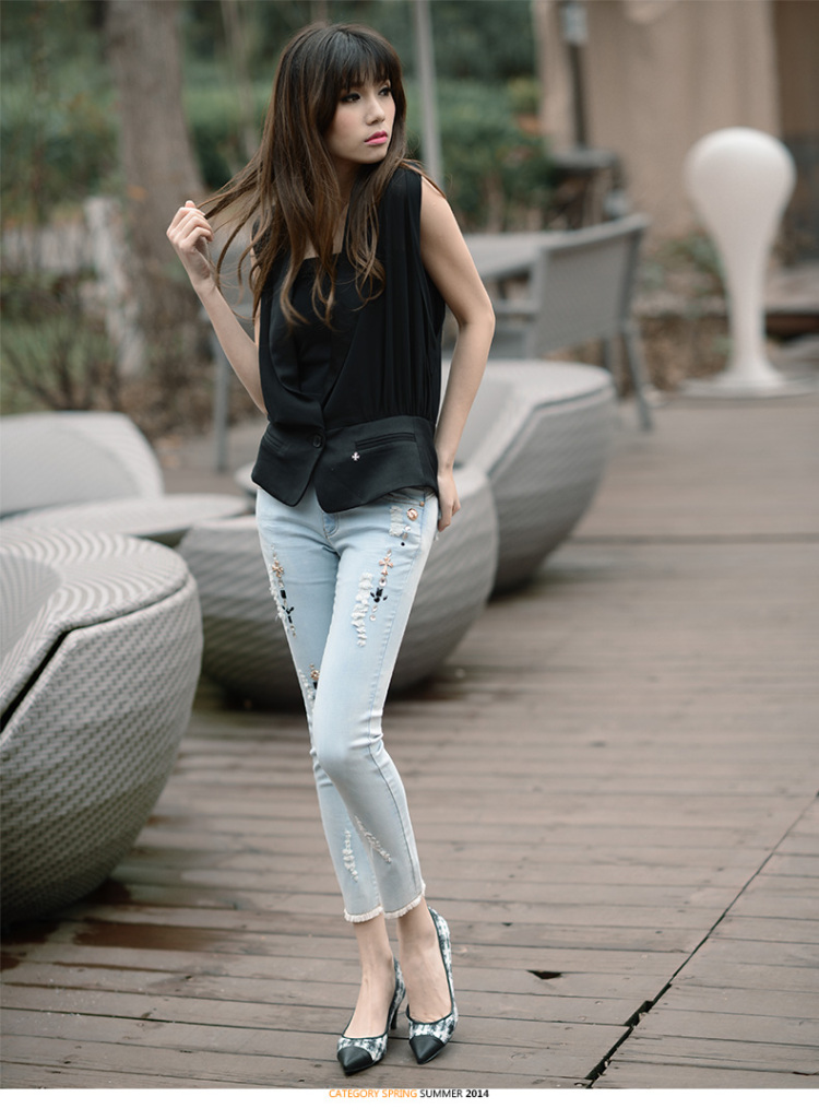 <em>sy</em>夏季牛仔九分裤<em>女</em>薄款破洞九分牛仔裤女夏浅