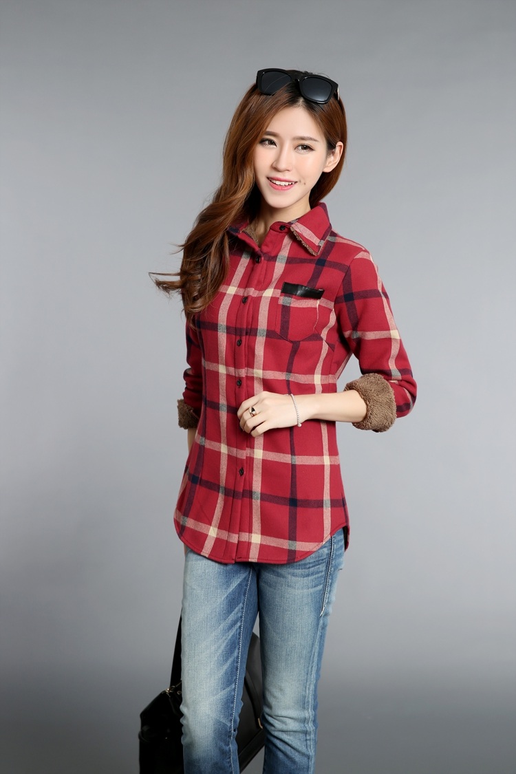 雅戈仕泰 秋冬加厚保暖打底衬衫少女方格子长袖加绒修身常规款夹棉学生衬衣 902 3 XL