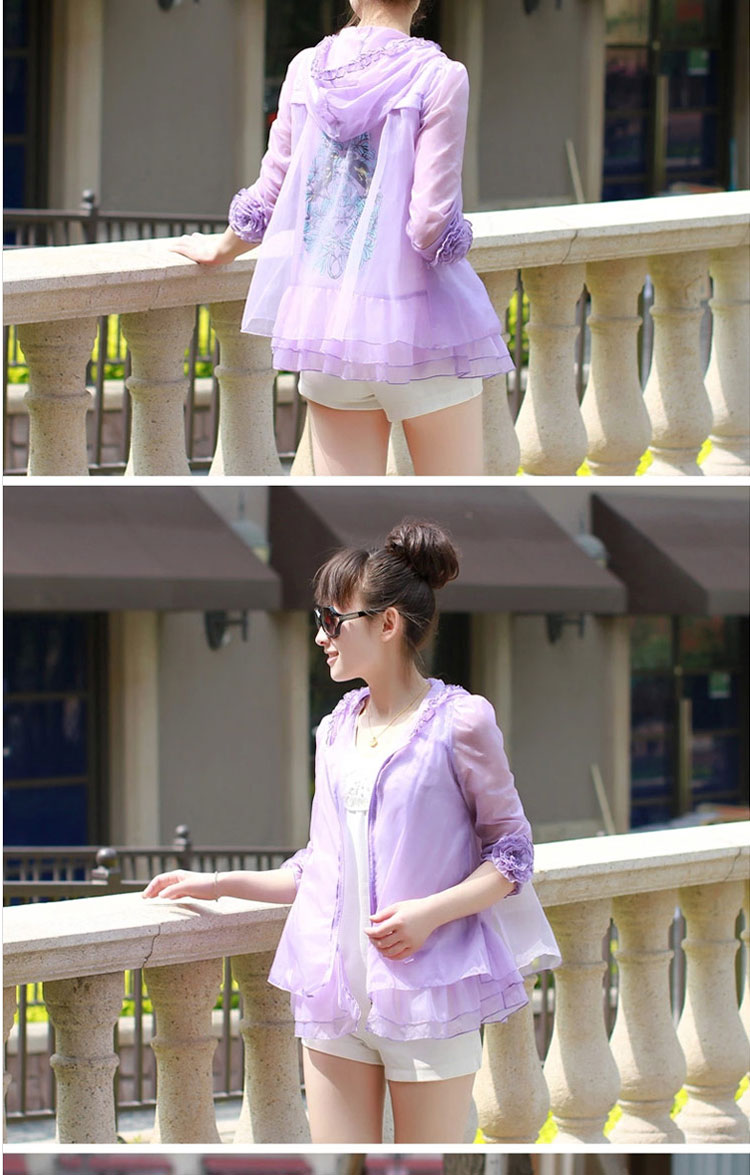 韩誉2015夏季蕾丝防晒衣女长袖防紫外线超薄外套连帽短款防晒服衫 白色 M 160
