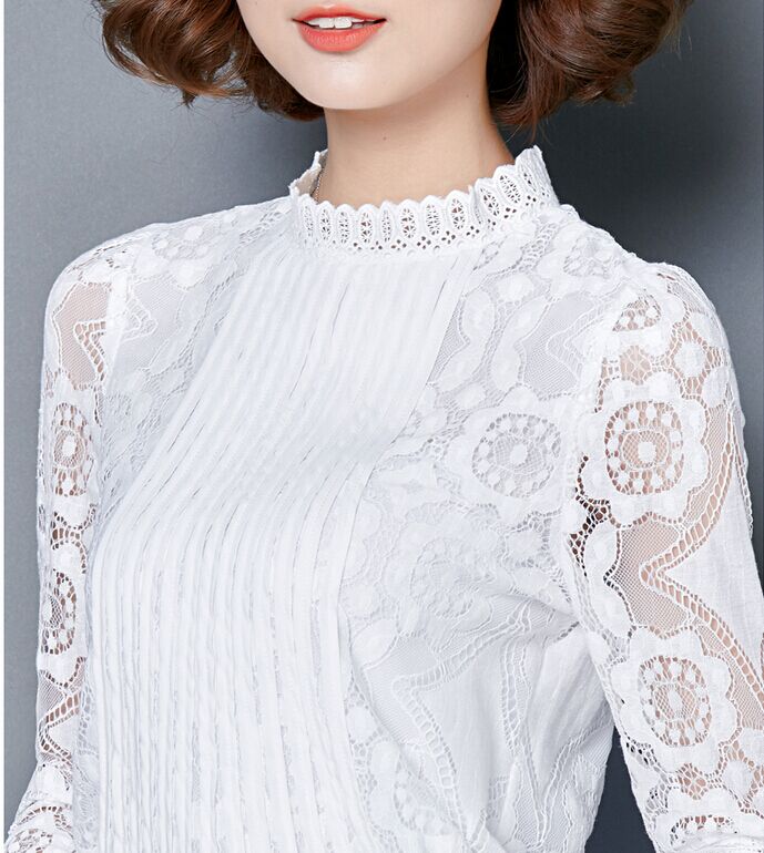 巴掌家2015冬季新款 韩版时尚长袖半高领女蕾丝上衣小衫打底衫 白色 XXXL
