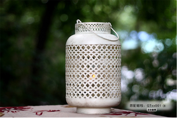 柔软时光（gentletimes）欧式复古做旧镂空艺术烛台 创意米白色灯笼铁艺烛台摆件 白刷金WX1368B
