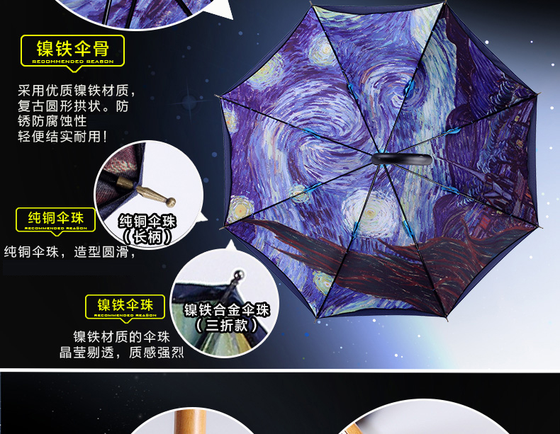 男士雨伞折叠创意女 太阳伞防紫外线晴雨伞日本梵高星空伞龙猫伞 三折自动-蓝色