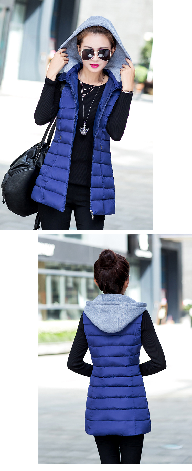 2015年新款大码百搭 棉马甲女装冬季中长款连帽马夹 玫红色 XXL