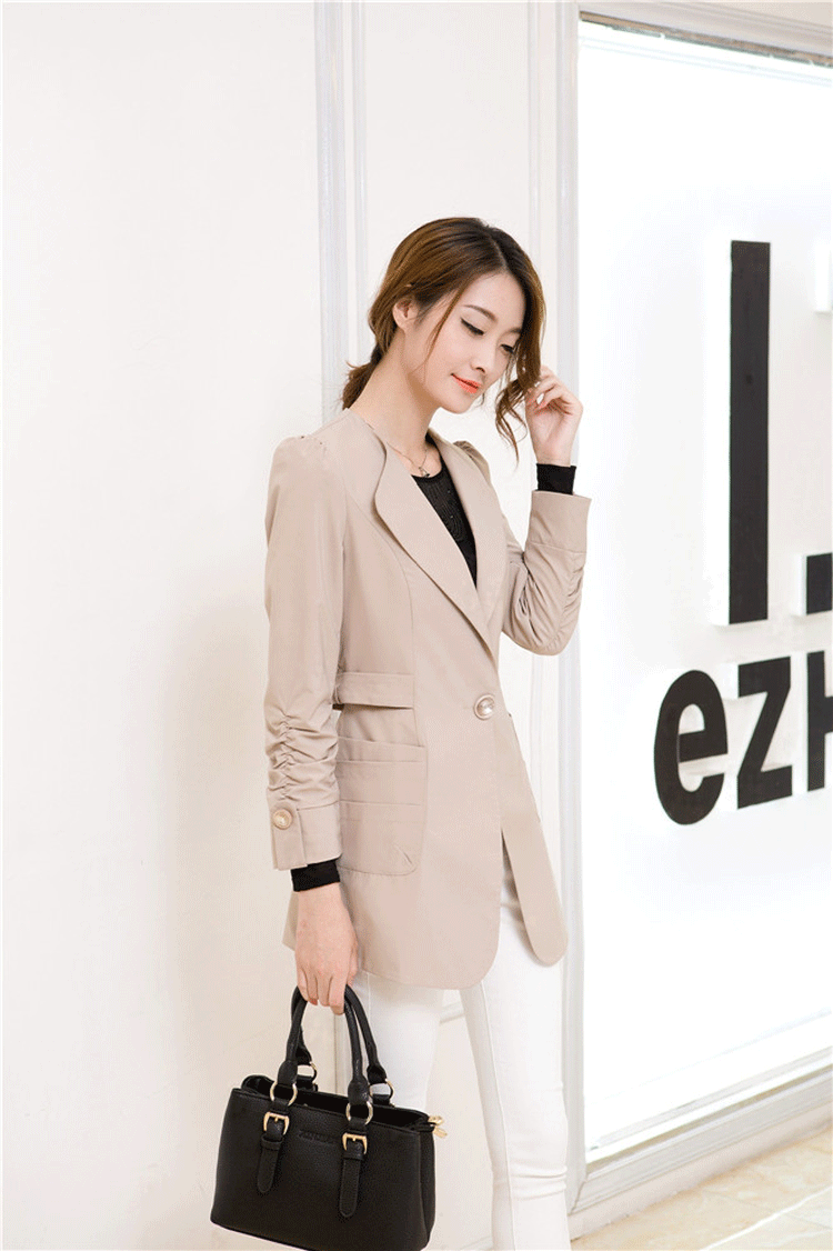 蝶倩海     风衣外套2015秋装新款女装韩版中长款修身显瘦休闲小西装 卡其色 XL