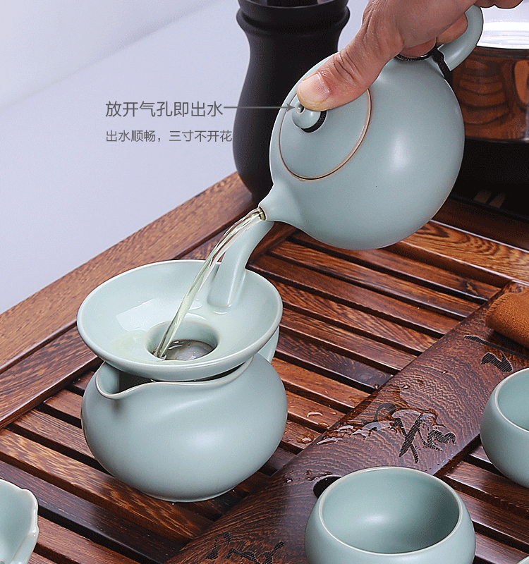 源怡阁汝窑功夫茶具套装 陶瓷汝瓷开片可养茶壶茶杯套装礼盒 西施壶