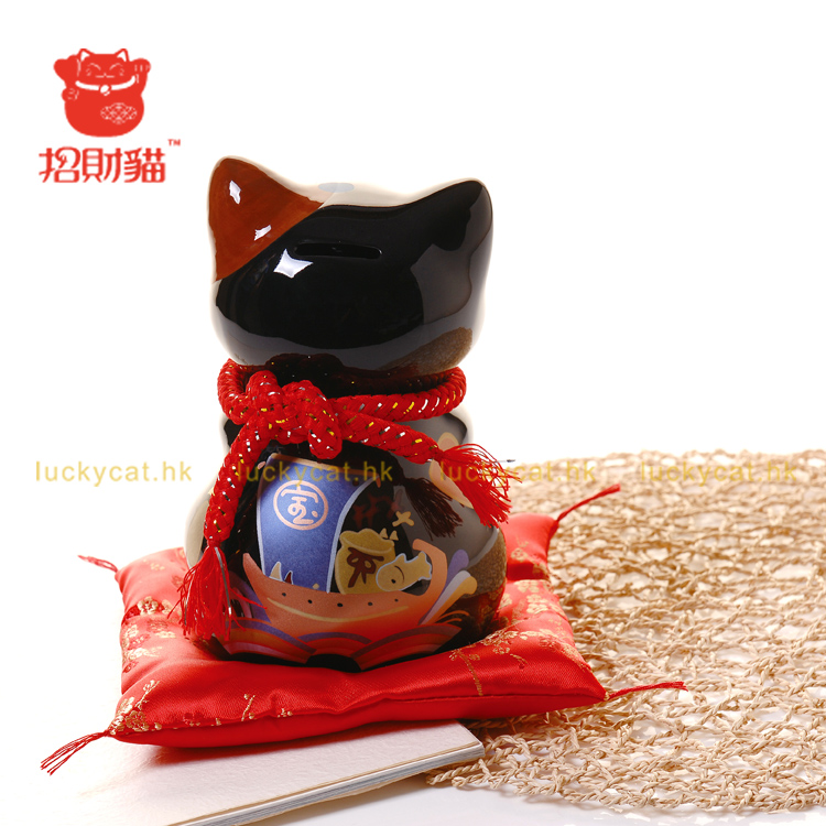 招财猫摆件 中号陶瓷黑色猫存钱罐储蓄罐 店铺开业办公室家居创意礼品节庆饰品 笑福猫