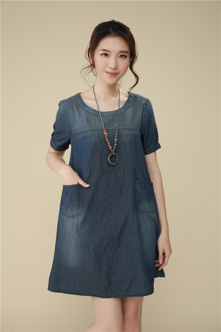俏衣莎文艺范<em>系列</em> 宽松加大码短袖薄牛仔连衣
