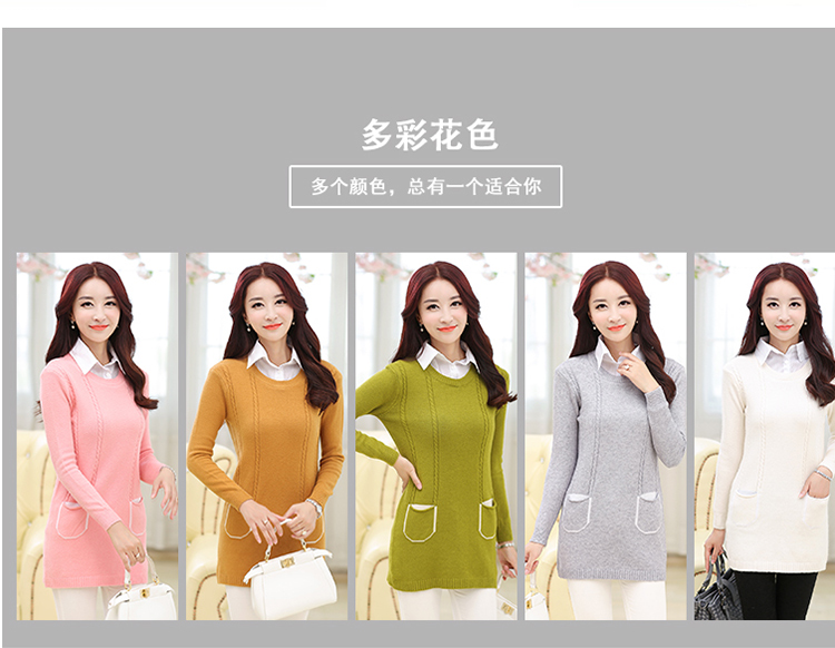黎维娜 2015秋 新 女装时尚中长款套头针织外套长袖宽松翻领针织衫女 姜黄色 均码