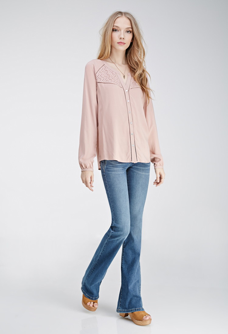 FOREVER21 花朵钩针拼接长袖衬衫 淡紫色 S