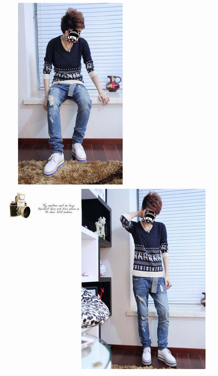 丹杰仕 秋冬新款男装V领小鹿<em>毛衣</em> <em>男士</em>韩版织