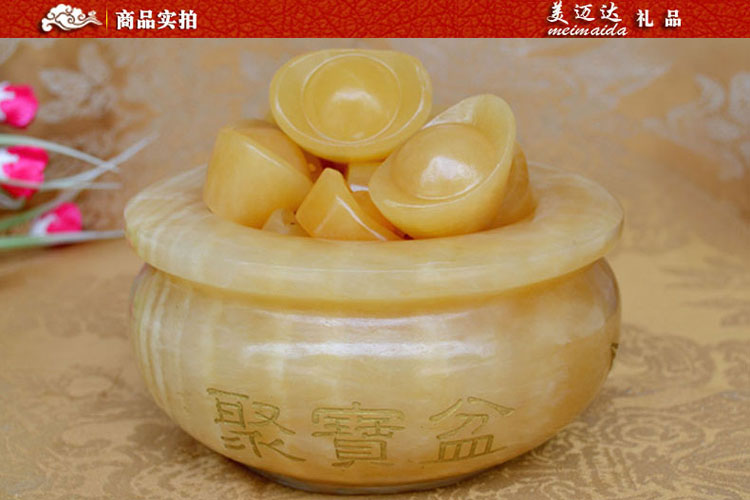 
                                        美迈达 米黄玉聚宝盆摆件天然黄玉元宝办公室桌面摆设家居客厅博古架装饰工艺礼品玛瑙碎石饰品 中号                