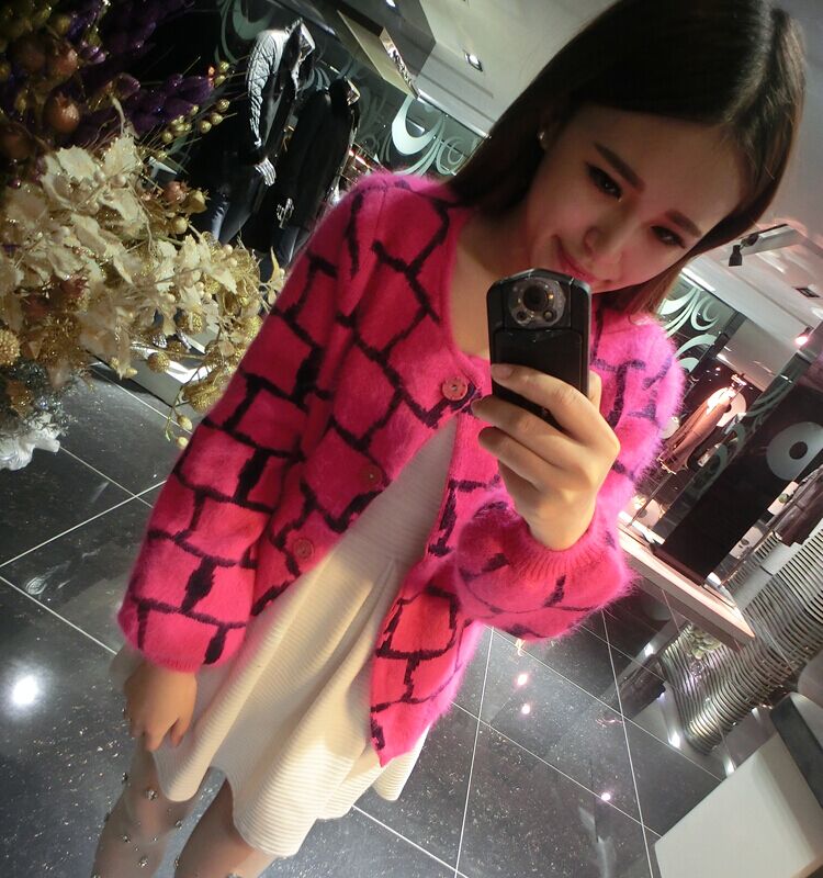 新新女生 2015秋冬女装款长袖针织开衫女装外套长毛水貂绒毛衣短款 皮粉色 均码