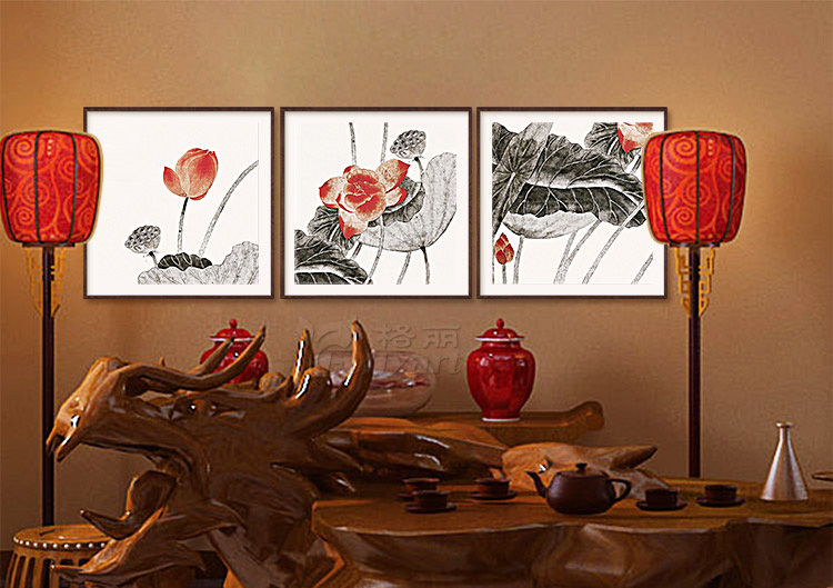 Timax装饰画中式客厅荷花国画书房沙发背景墙画挂画莲 电表箱玄关餐厅花卉壁画现代简约装饰 红荷三联画配枣红框 40*40cm有框画