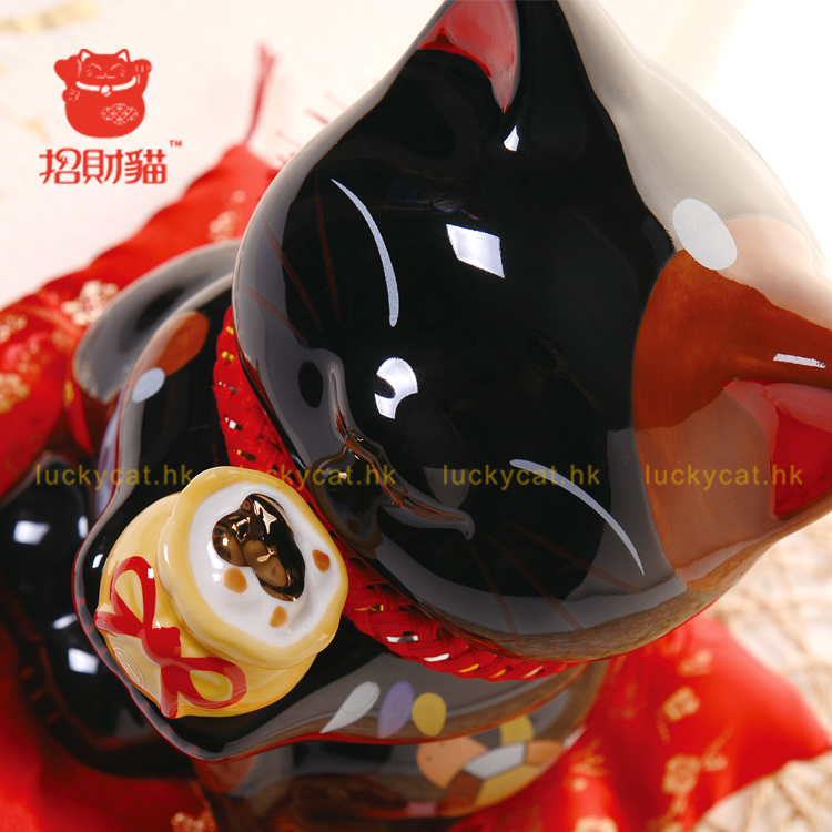 招财猫摆件 中号陶瓷黑色猫存钱罐储蓄罐 店铺开业办公室家居创意礼品节庆饰品 笑福猫