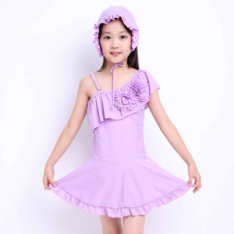 儿童泳衣女 大童 中童 小童 女孩 连体游泳衣 花朵带帽子款可爱萝莉