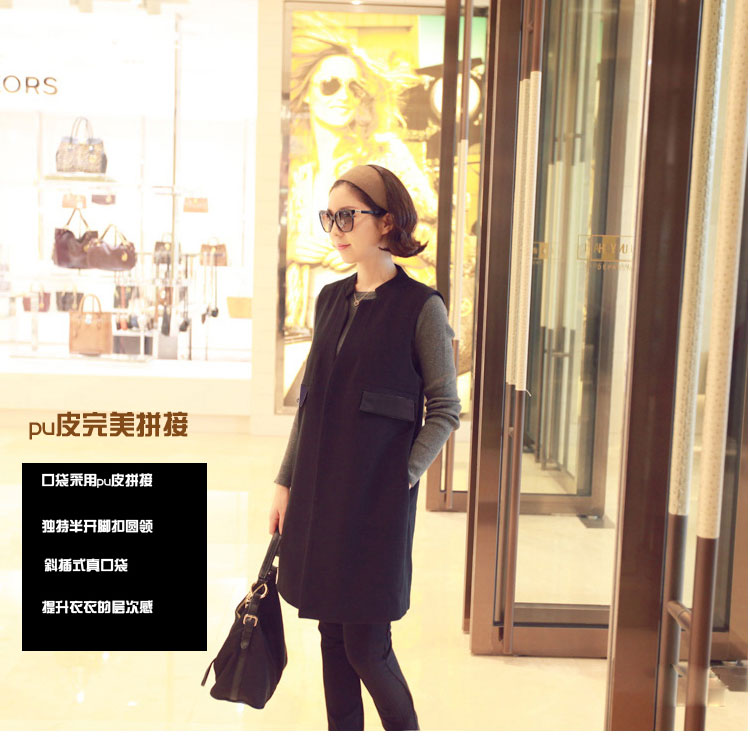 思黛姿 毛呢西装外套宽松大码长款马夹百搭无袖PU拼接马甲 黑色 XXL