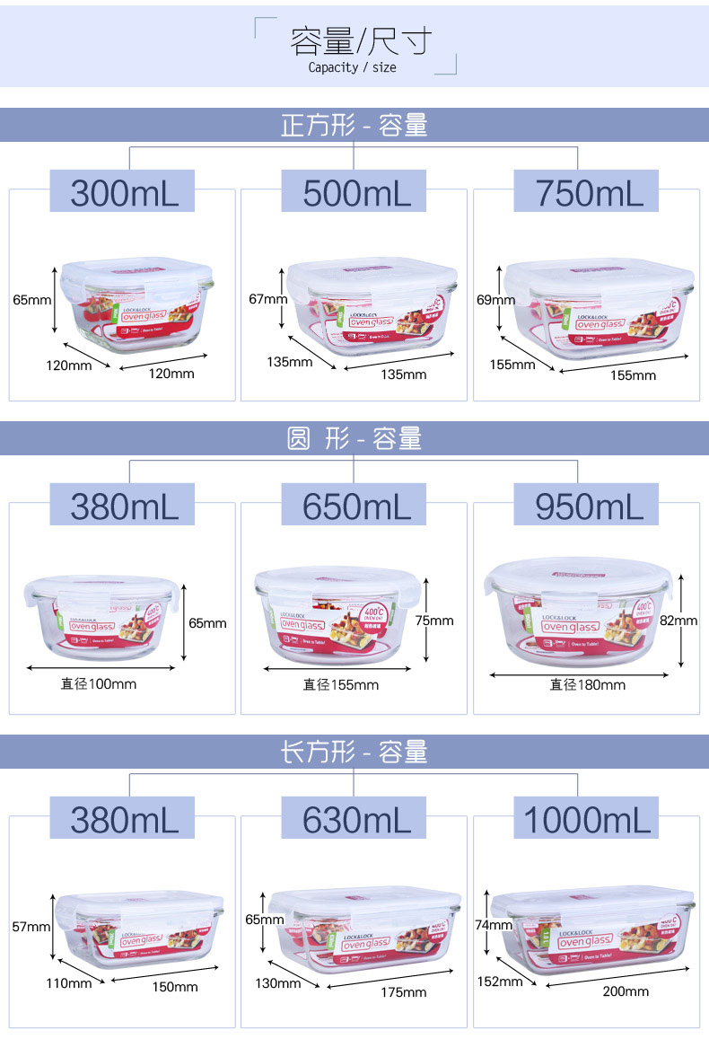 
                                                                                乐扣乐扣饭盒lock&lock耐热玻璃保鲜盒套装大容量微波炉专用加热饭盒便当盒玻璃碗带盖密封餐盒上班 圆380ML+圆650ML                