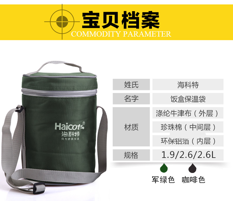 
                                                                                海科特加厚饭盒袋保温袋便当包 方圆形手提带饭包装饭桶袋子 1.9L军绿                