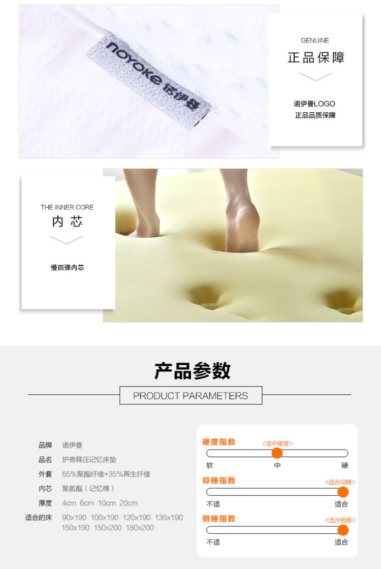 
                                        诺伊曼（noyoke）记忆绵床垫床褥子榻榻米床垫被 护脊床垫4CM厚 经济版 135cmX190cm                