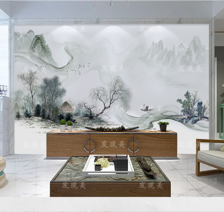 3d电视背景墙壁纸 中式客厅抽象水墨山水墙纸影视墙无缝壁画5d凹凸