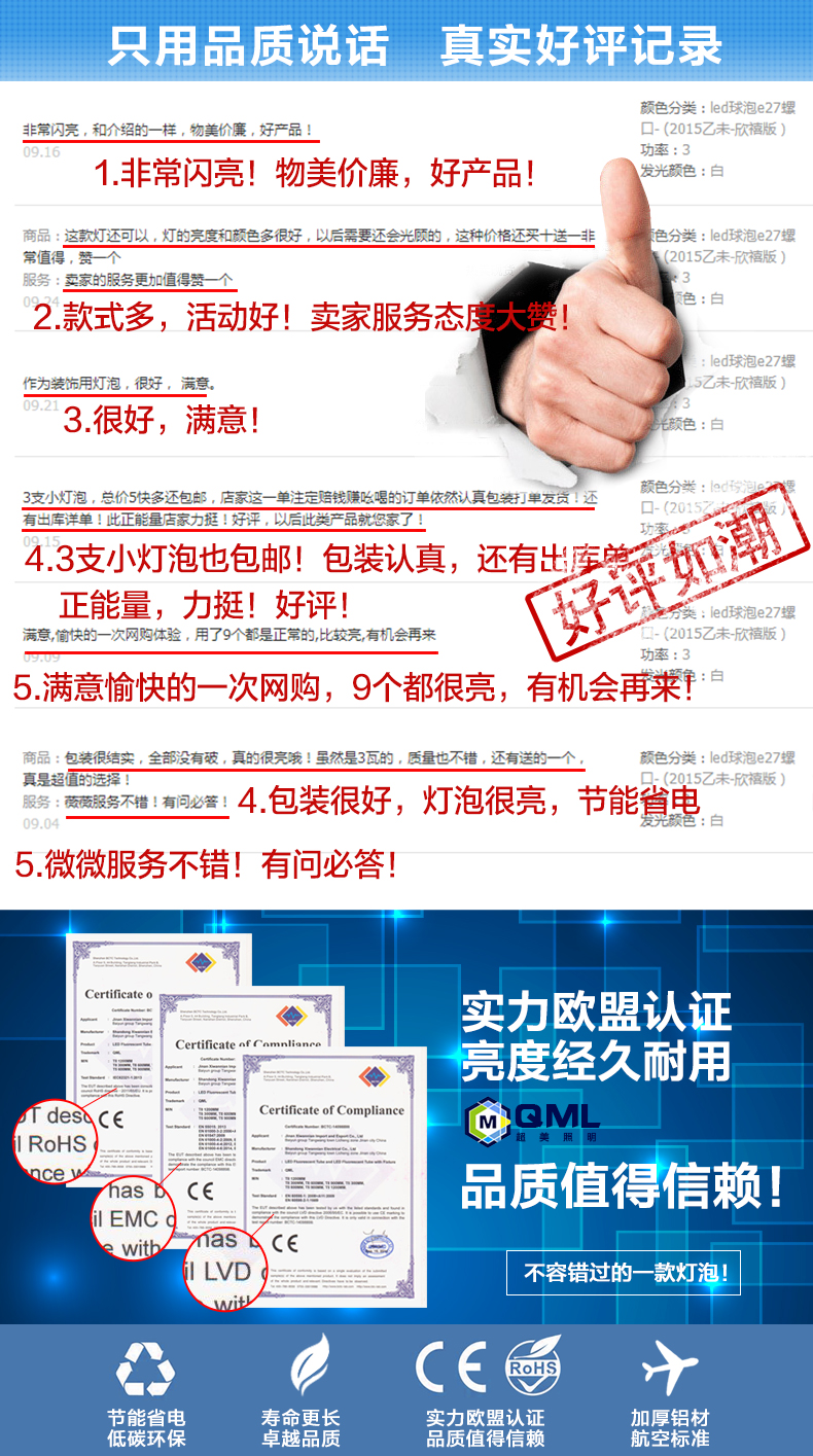 
                                        QML 超美照明 LED灯泡 E27 E14大小螺口节能球泡灯 家用节能灯 白光暖光光源 5WE27白光                