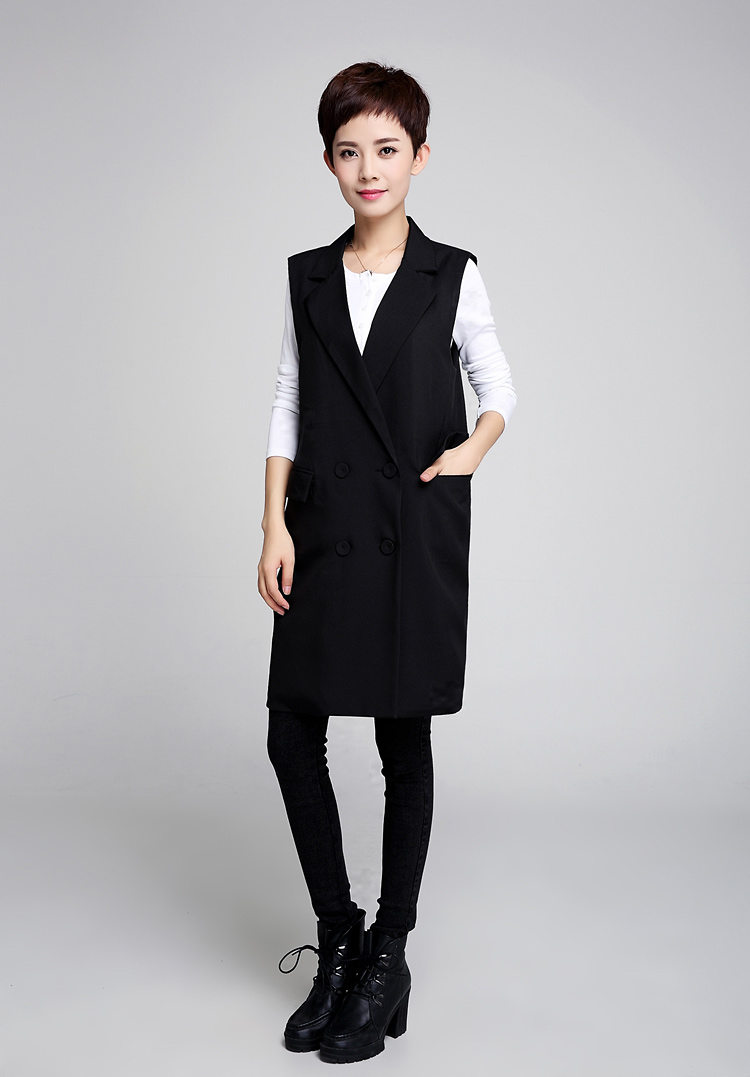 2015秋新女装 时尚风西装领显瘦无袖中长款马甲 女 YM-1268 蓝色 XXL