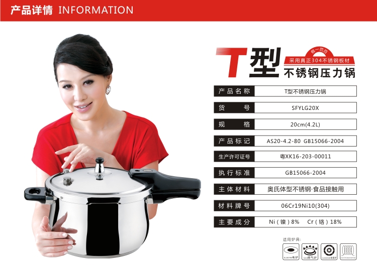 顺发20CM/4.2L六保险T型压力锅SFYLG20X