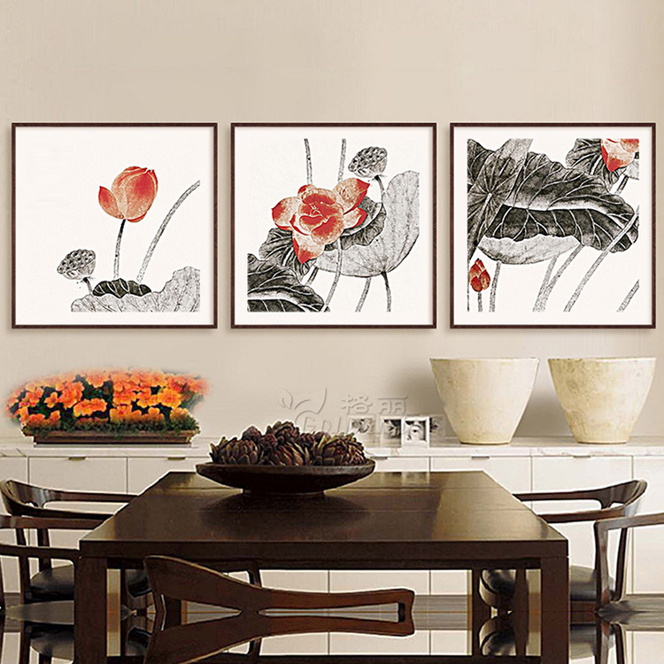 Timax装饰画中式客厅荷花国画书房沙发背景墙画挂画莲 电表箱玄关餐厅花卉壁画现代简约装饰 红荷三联画配枣红框 40*40cm有框画