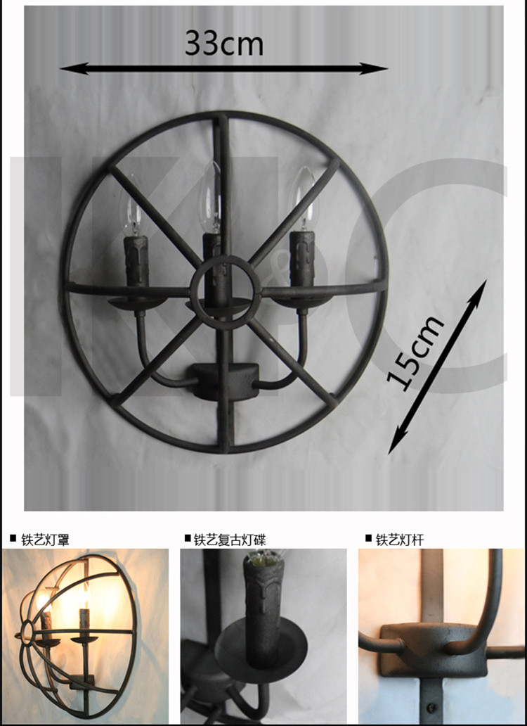 kc灯具 loft美式乡村工业铁艺铁笼壁灯三头蜡烛水晶墙壁灯酒吧 含3枚蜡烛尖泡-HZ
